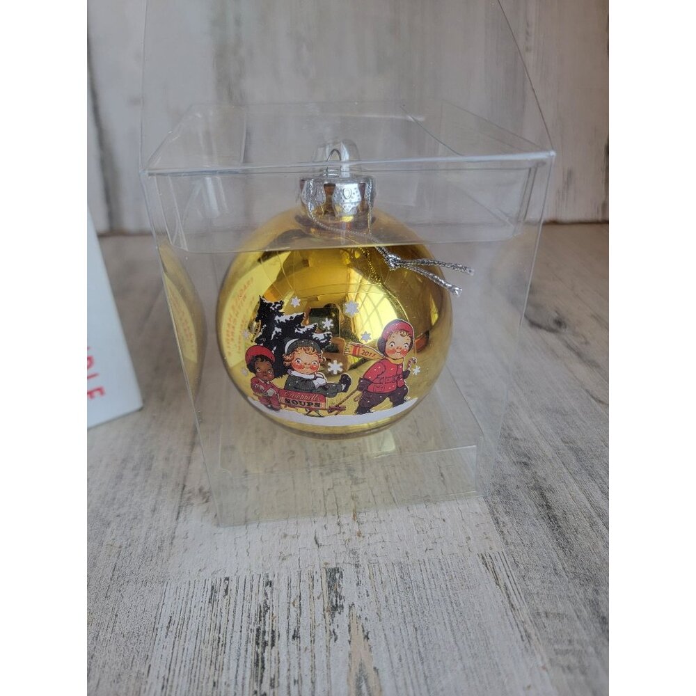 Campbell's Soup vintage Gold ball ornament Xmas‎ kids sledding